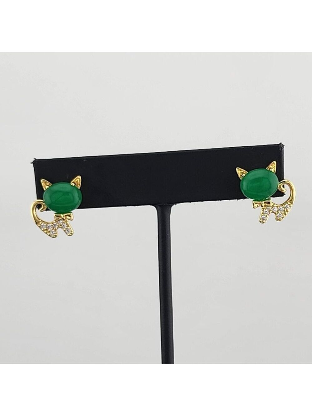 Whimsical Cat Earrings in Brass with Jade Highlights